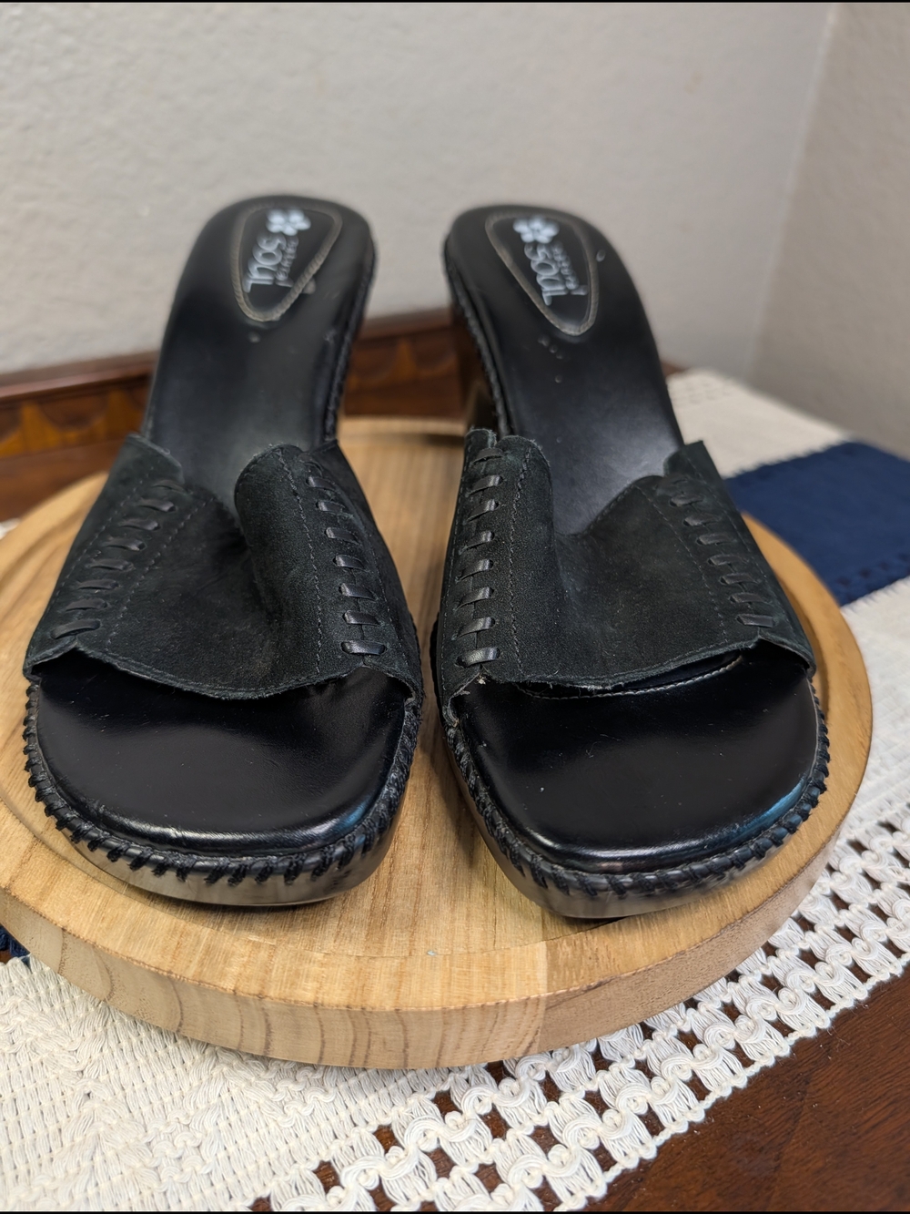 Natural Soul Black Suede Slide Mules With Stitched Accents